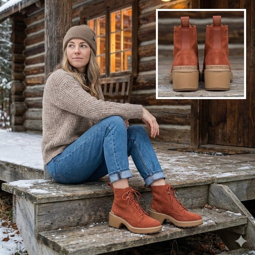 Sorel Hi-Line Heel Lace Boot Waterproof Suede Rust Warp Red Women Size 10 Chunky